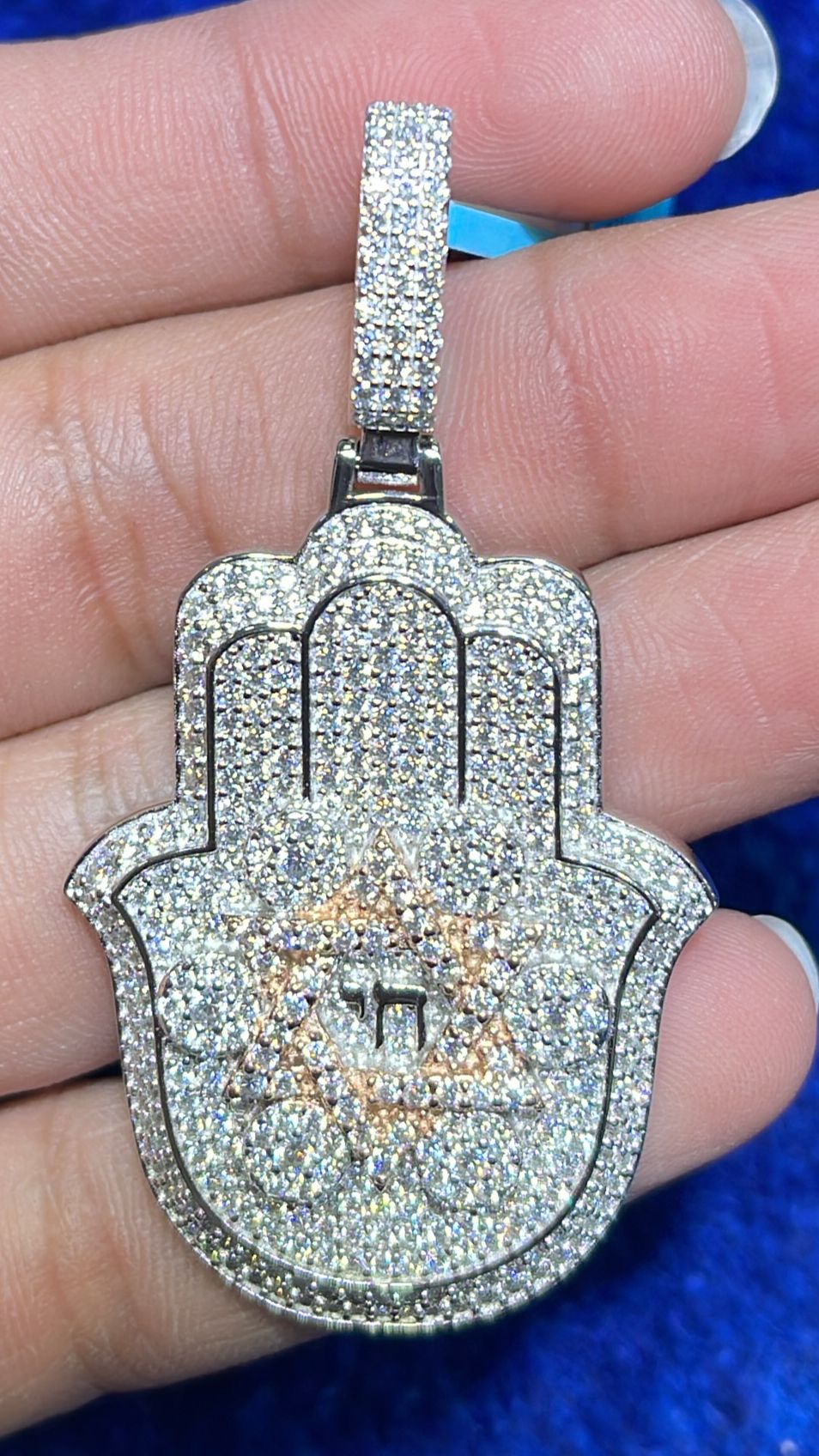 S.Silver Round Moissanite Hamza Hand Religious Pendant RP+PP 3-5/8 Cttw