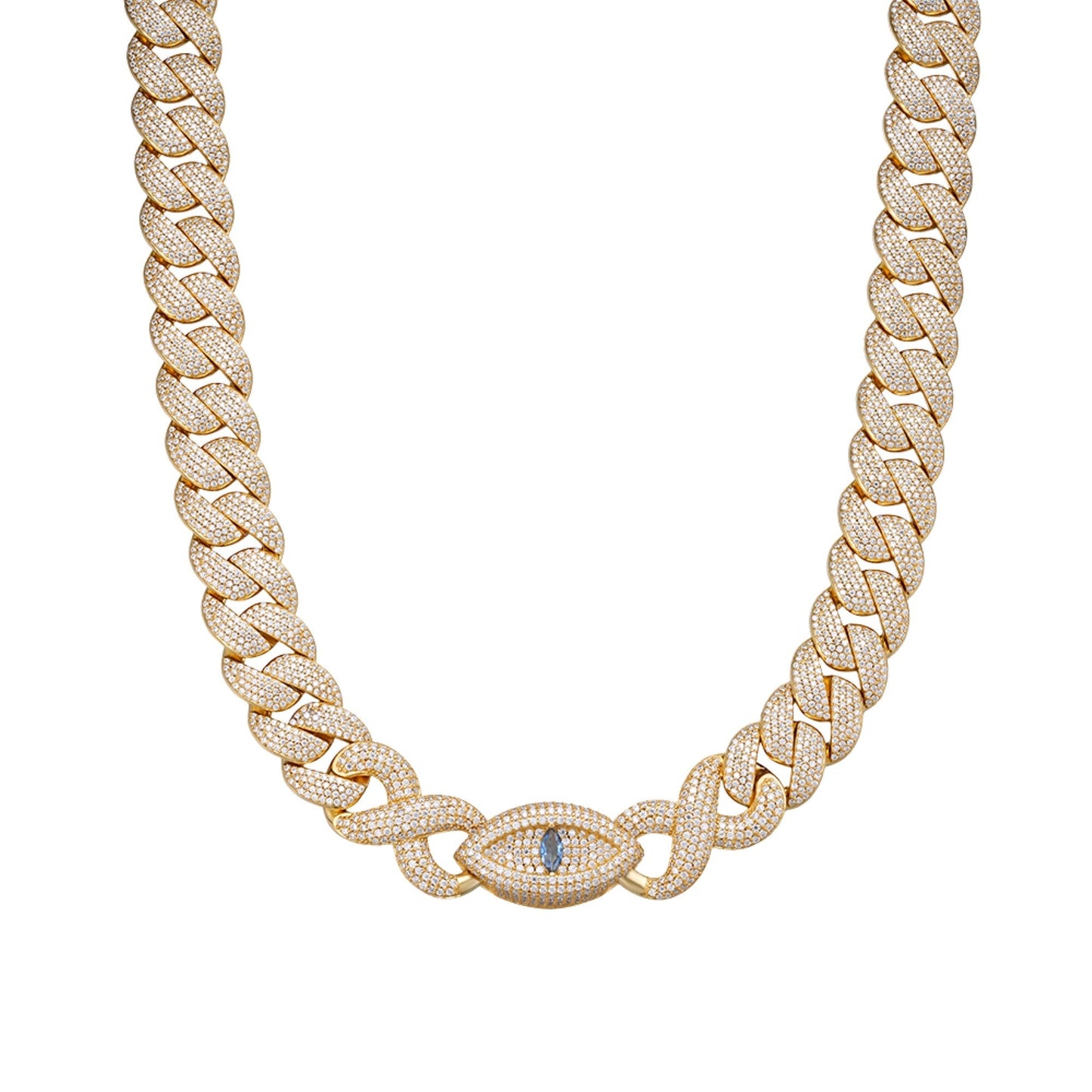 S.Silver Round Moissanite 15mm Inifinity Cuban With Evil Eye Designer 22 Inch Mens Necklace GP 27-1/8 Cttw