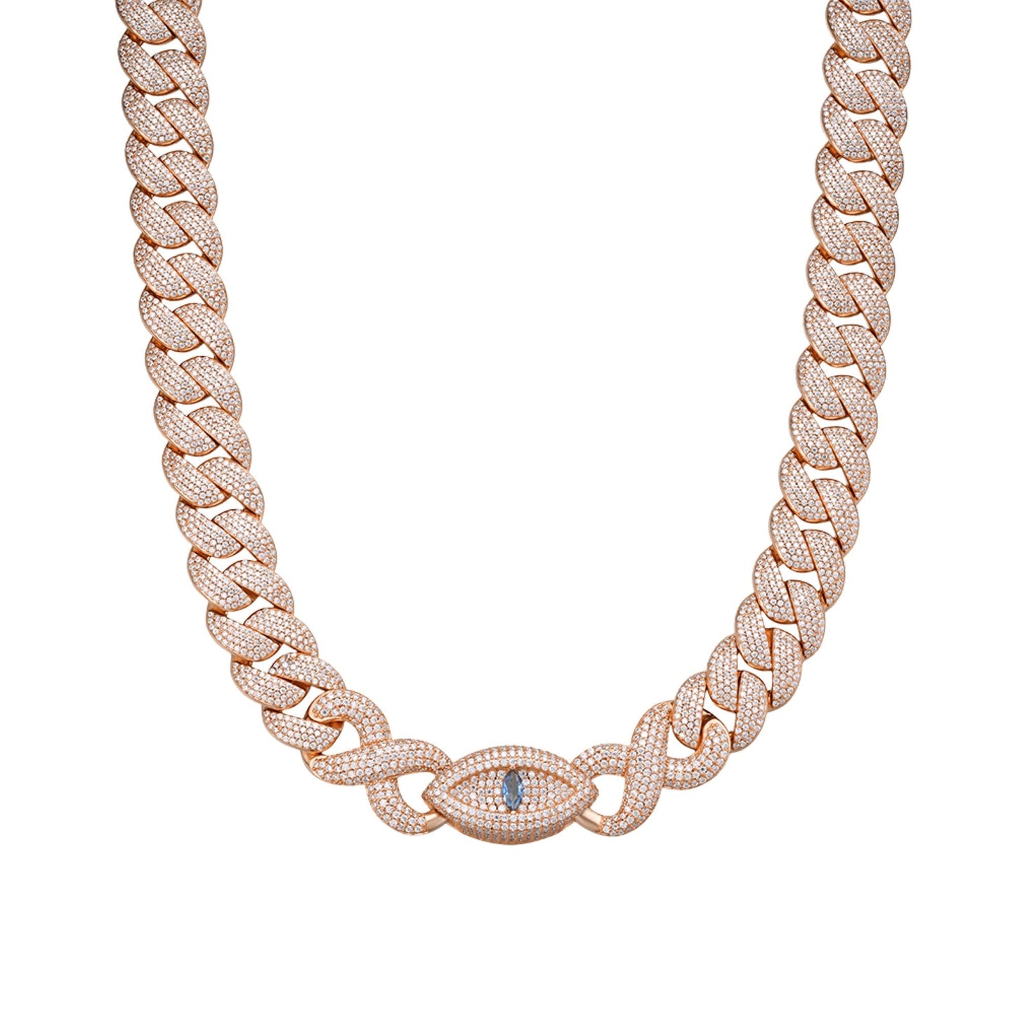 S.Silver Round Moissanite 15mm Inifinity Cuban With Evil Eye Designer 22 Inch Mens Necklace PP 27-1/8 Cttw