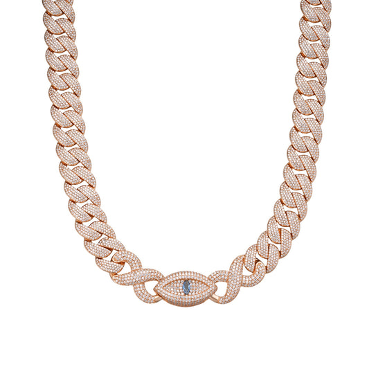 S.Silver Round Moissanite 15mm Inifinity Cuban With Evil Eye Designer 22 Inch Mens Necklace PP 27-1/8 Cttw