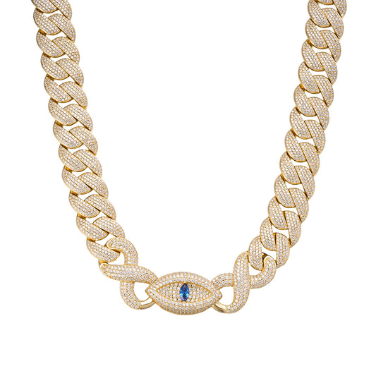 S.Silver Round Moissanite 18mm Inifinity Cuban With Evil Eye Designer 22 Inch Mens Necklace GP 35 Cttw