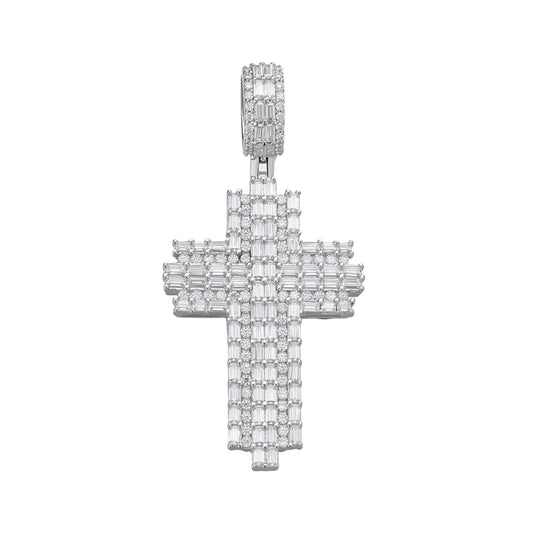 S.Silver 30mm Round Baguette Moissanite Cross Religious Pendant RP 2-3/4 Cttw