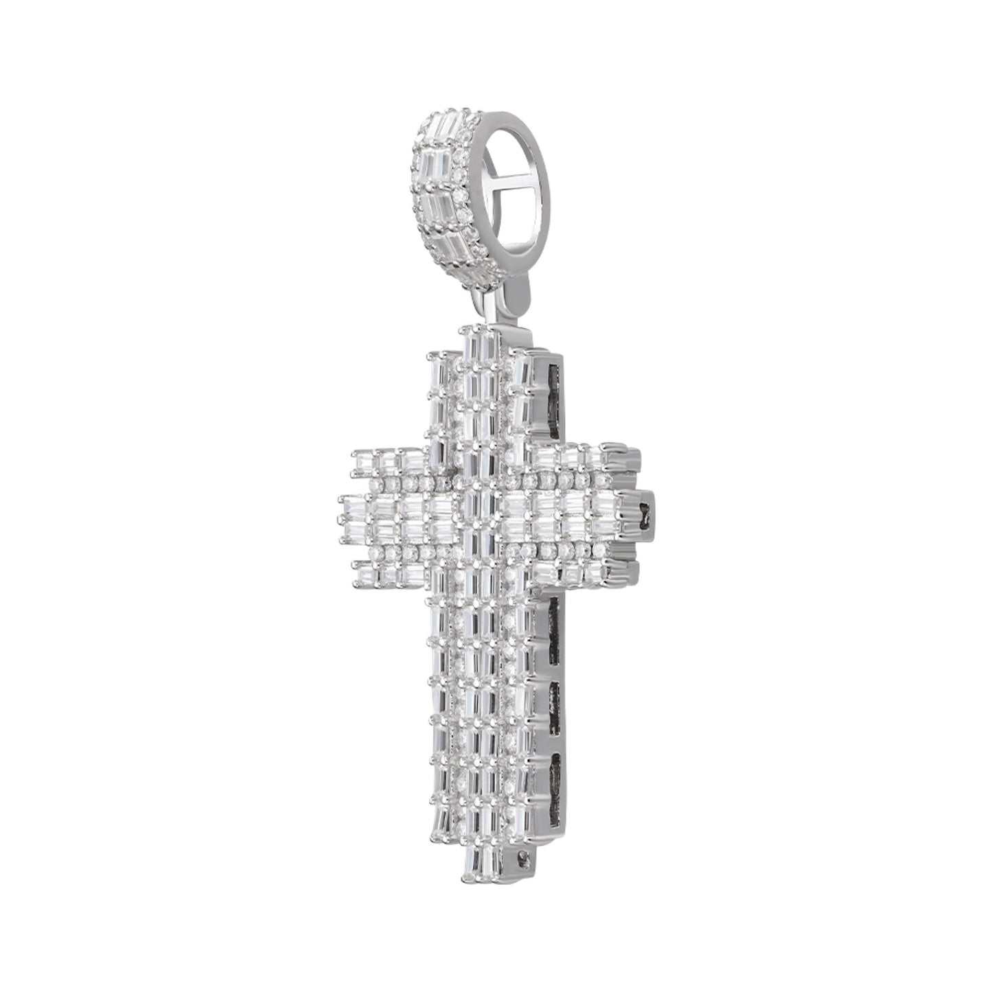 S.Silver 30mm Round Baguette Moissanite Cross Religious Pendant RP 2-3/4 Cttw