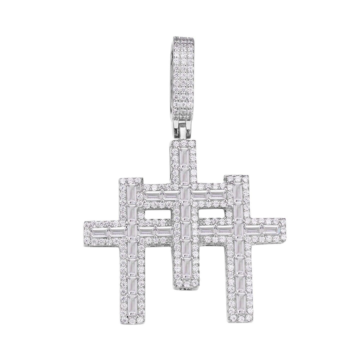 S.Silver 30mm Round Baguette Moissanite 3 Cross Religious Pendant RP 3-3/8 Cttw