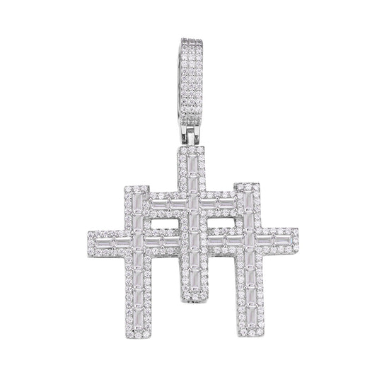 S.Silver 30mm Round Baguette Moissanite 3 Cross Religious Pendant RP 3-3/8 Cttw