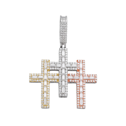 S.Silver 30mm Round Baguette Moissanite 3 Cross Religious Pendant RP+GP+PP 3-3/8 Cttw