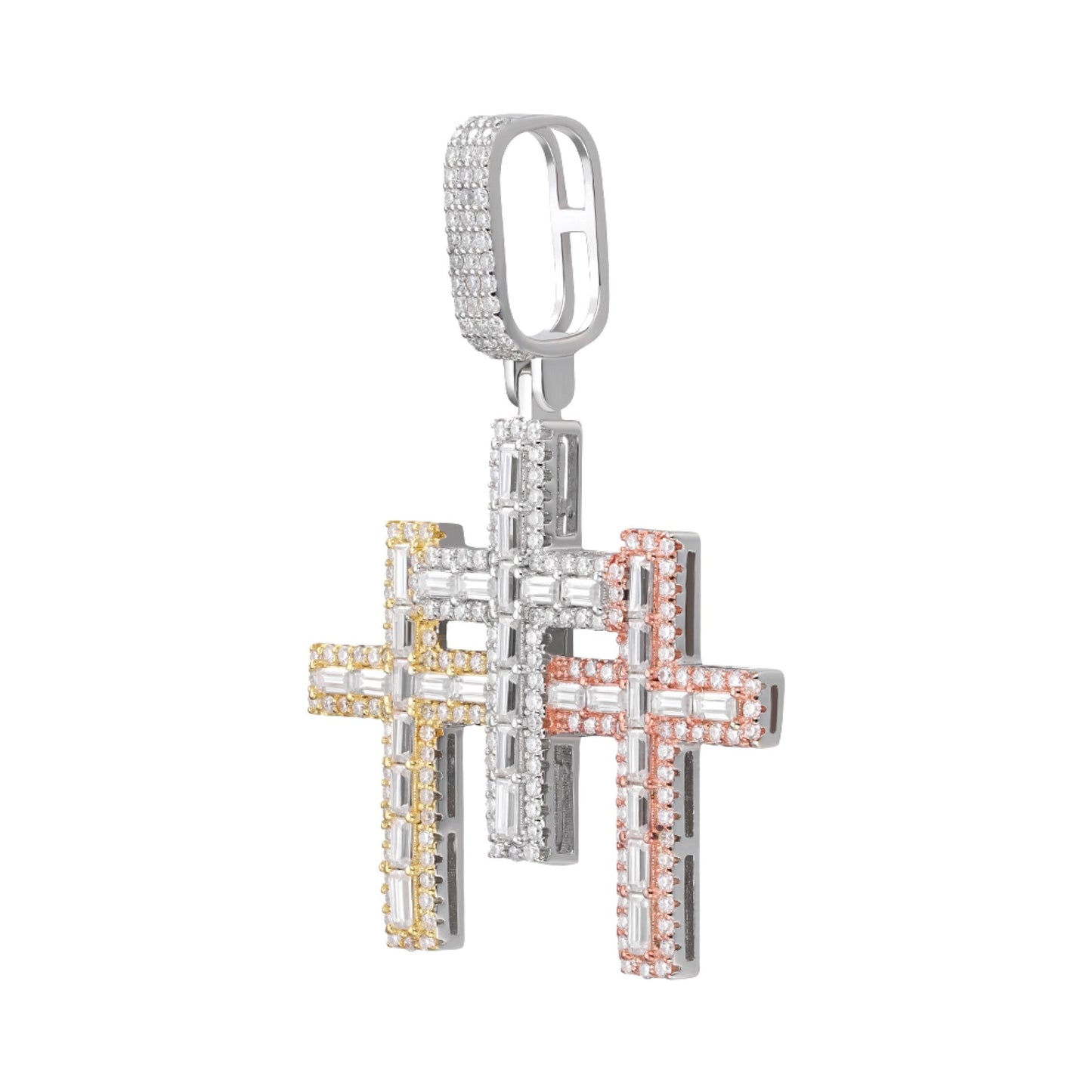 S.Silver 30mm Round Baguette Moissanite 3 Cross Religious Pendant RP+GP+PP 3-3/8 Cttw