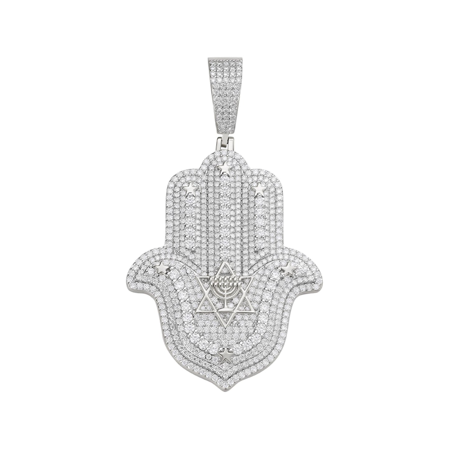 S.Silver Round Moissanite Hamza Hand Religious Pendant RP 4-5/8 Cttw