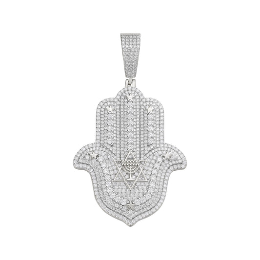 S.Silver Round Moissanite Hamza Hand Religious Pendant RP 4-5/8 Cttw