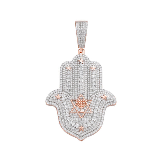S.Silver Round Moissanite Hamza Hand Religious Pendant RP+PP 4-5/8 Cttw