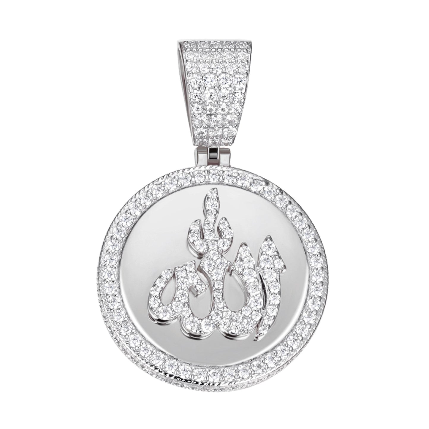 S.Silver 35mm Round Moissanite Muslim God Allah Religious Pendant RP 4-5/8 Cttw