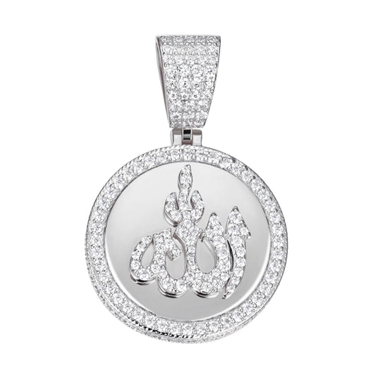 S.Silver 35mm Round Moissanite Muslim God Allah Religious Pendant RP 4-5/8 Cttw