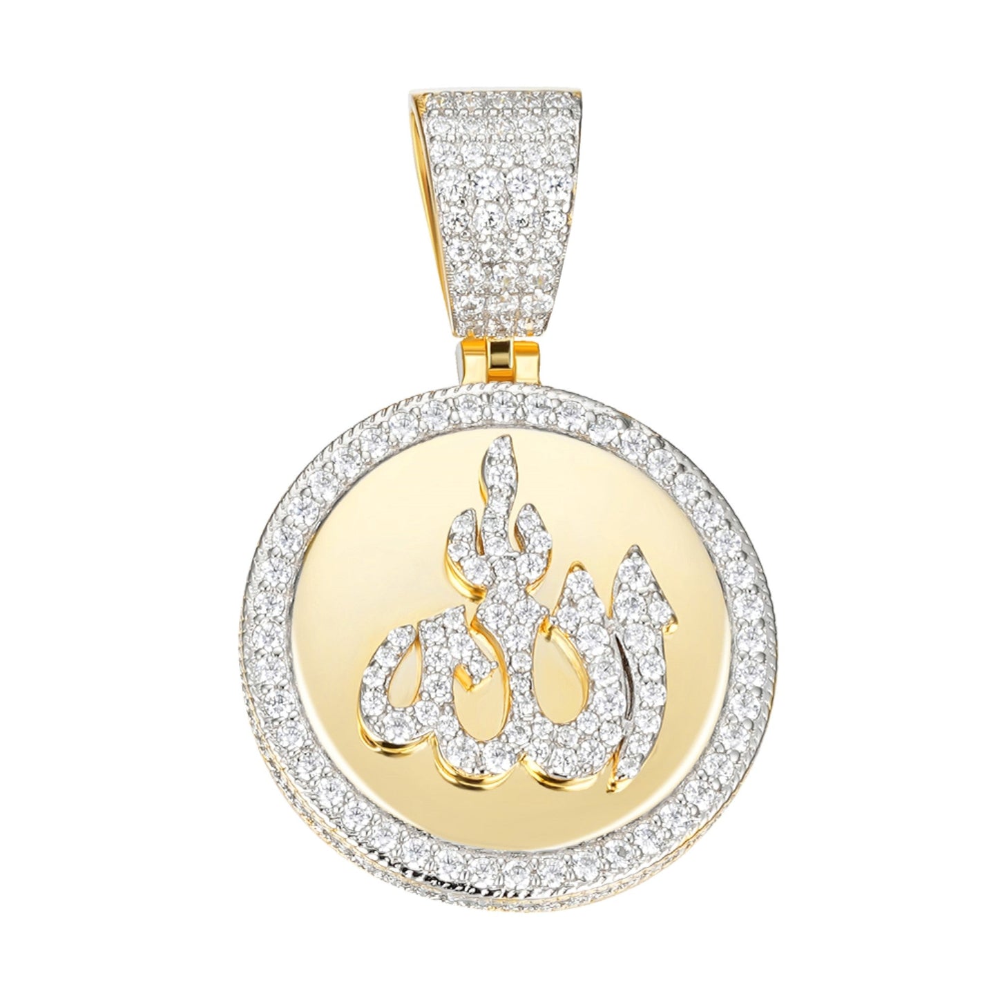 S.Silver 35mm Round Moissanite Muslim God Allah Religious Pendant RP+GP 4-5/8 Cttw