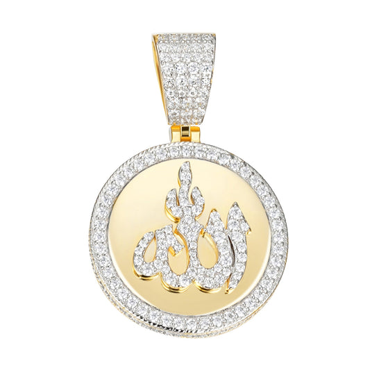 S.Silver 35mm Round Moissanite Muslim God Allah Religious Pendant RP+GP 4-5/8 Cttw