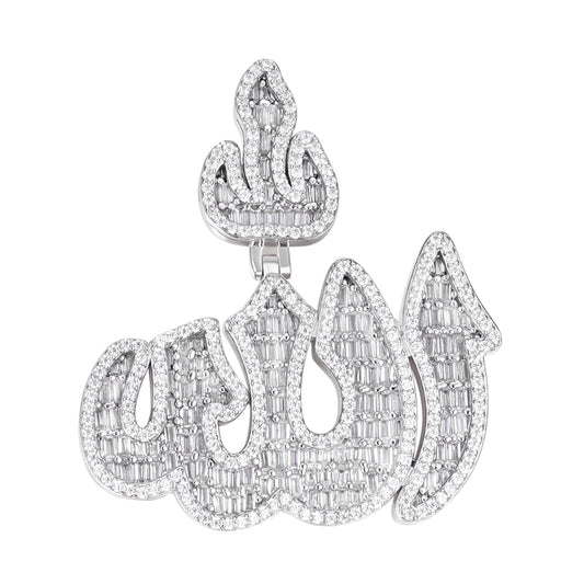 S.Silver Round Baguette Moissanite Muslim God Allah Religious Pendant RP 5-1/4 Cttw