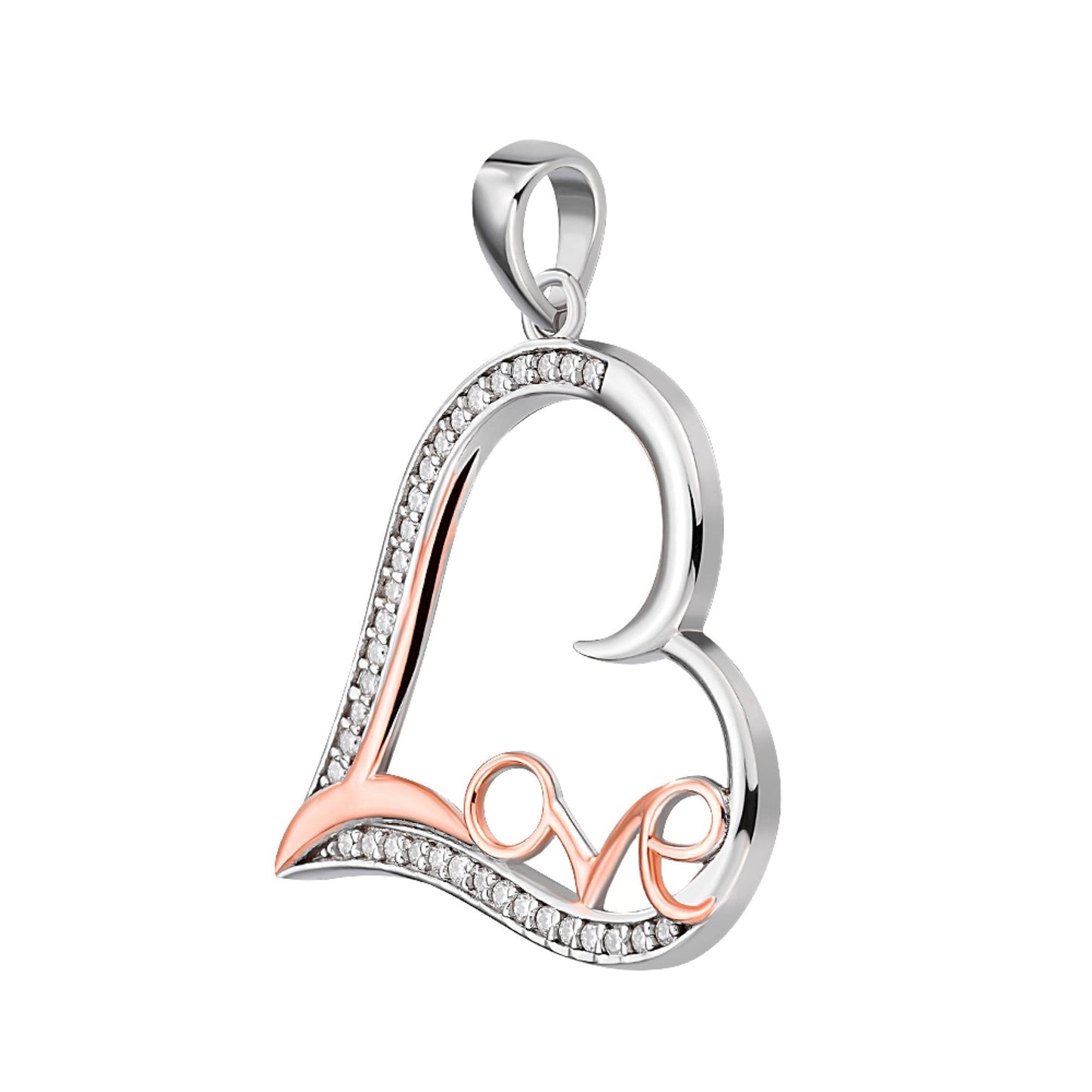 S.Silver Round Moissanite Heart With Love Word Designer Pendant RP+PP 1/5 Cttw