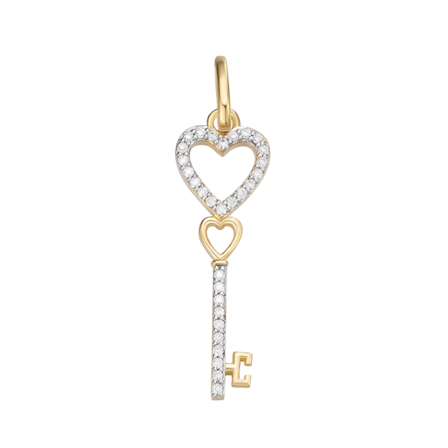 S.Silver Round Moissanite Double Heart Key Designer Pendant RP+GP 1/6 Cttw