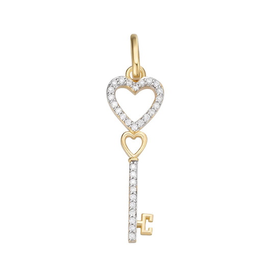 S.Silver Round Moissanite Double Heart Key Designer Pendant RP+GP 1/6 Cttw