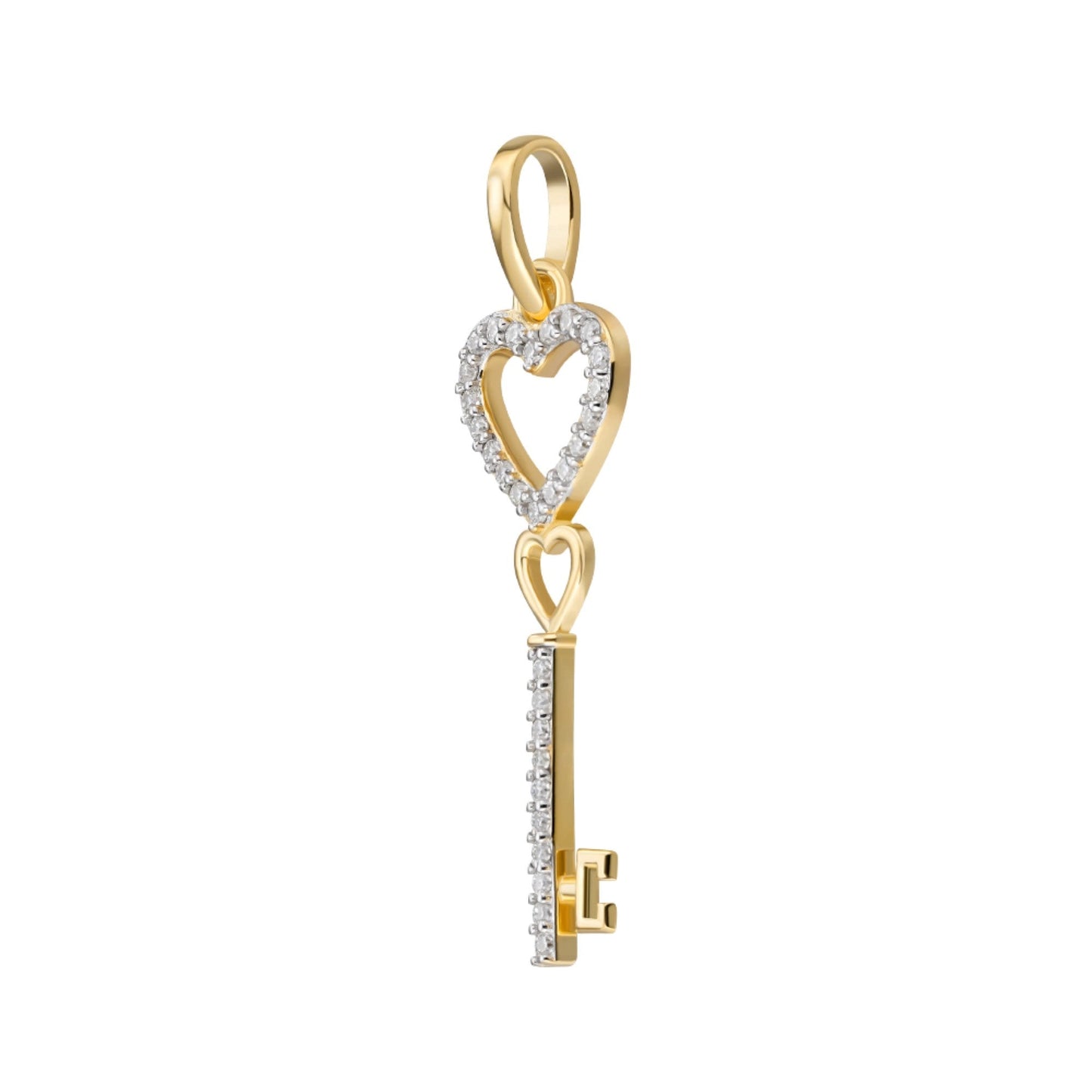S.Silver Round Moissanite Double Heart Key Designer Pendant RP+GP 1/6 Cttw