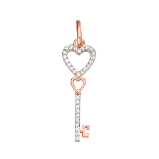 S.Silver Round Moissanite Double Heart Key Designer Pendant RP+PP 1/6 Cttw