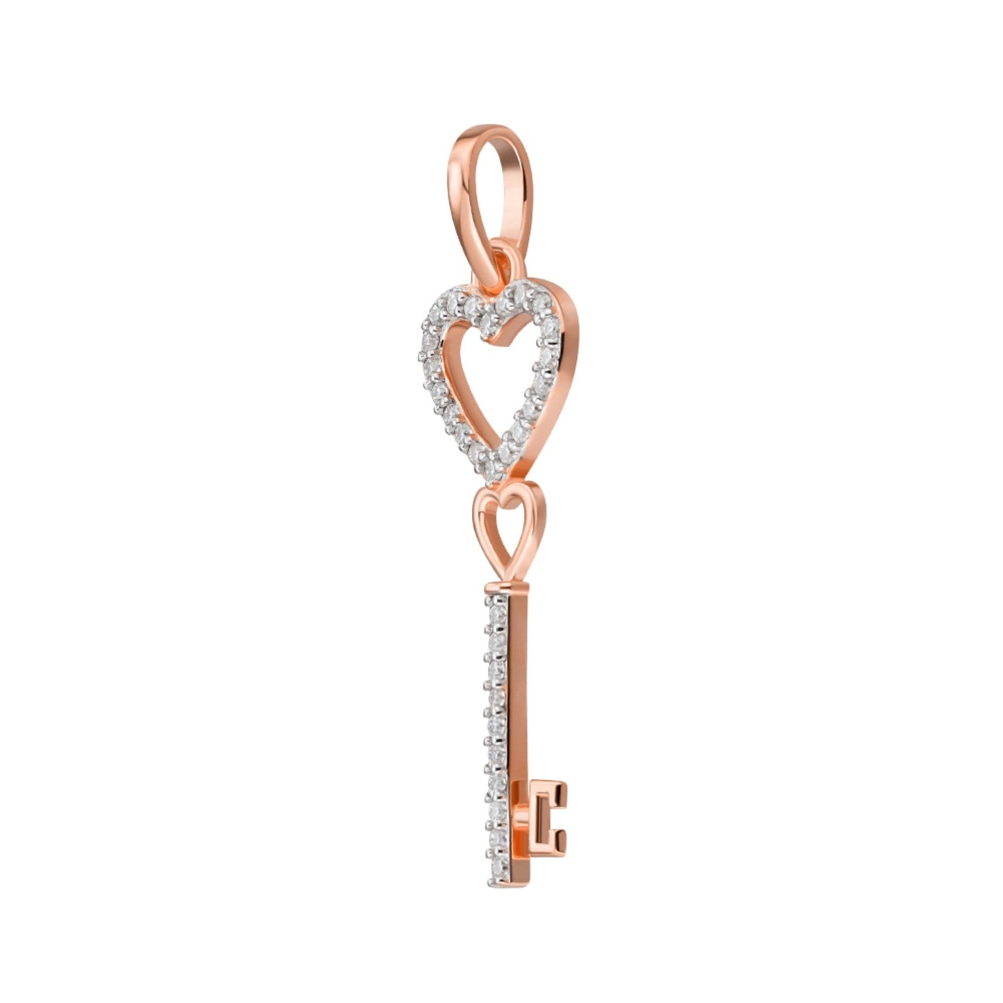 S.Silver Round Moissanite Double Heart Key Designer Pendant RP+PP 1/6 Cttw