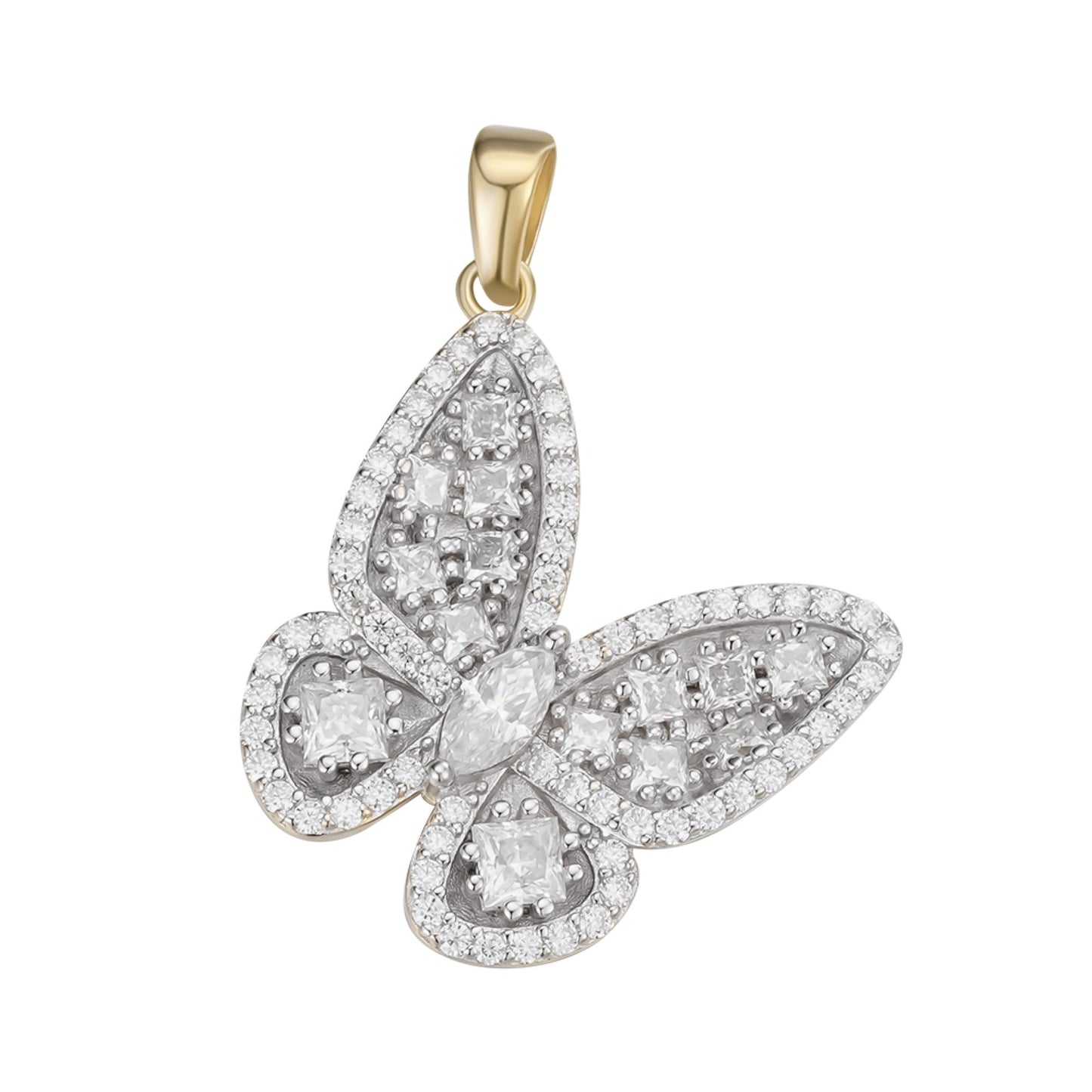S.Silver Round Fancy Moissanite Butterfly Animal Pendant RP+GP 2-1/8 Cttw
