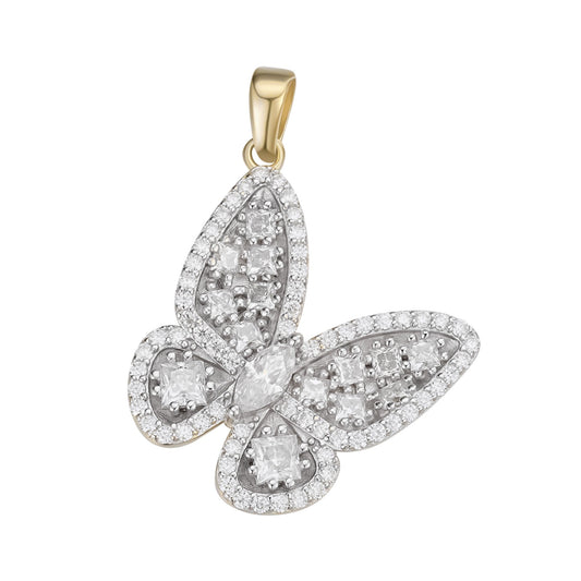 S.Silver Round Fancy Moissanite Butterfly Animal Pendant RP+GP 2-1/8 Cttw