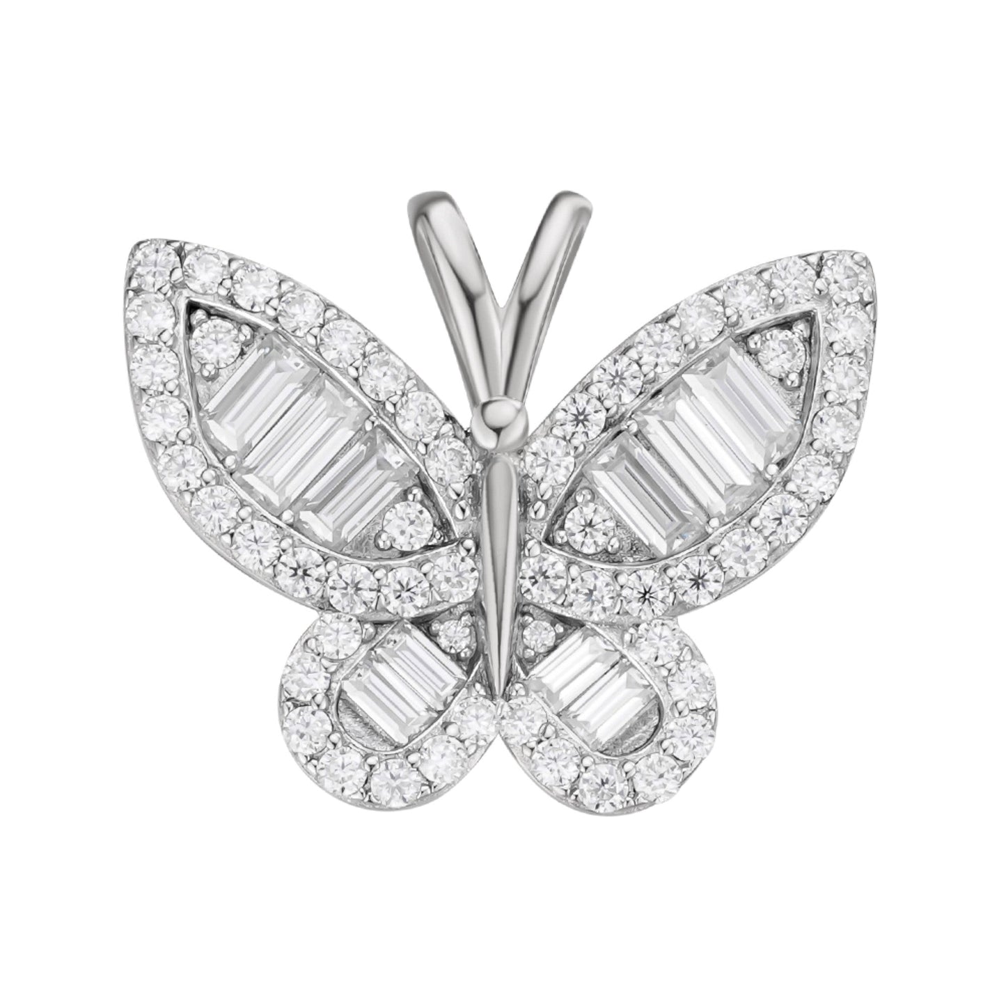 S.Silver Round Baguette Moissanite Butterfly Animal Pendant RP 1-7/8 Cttw