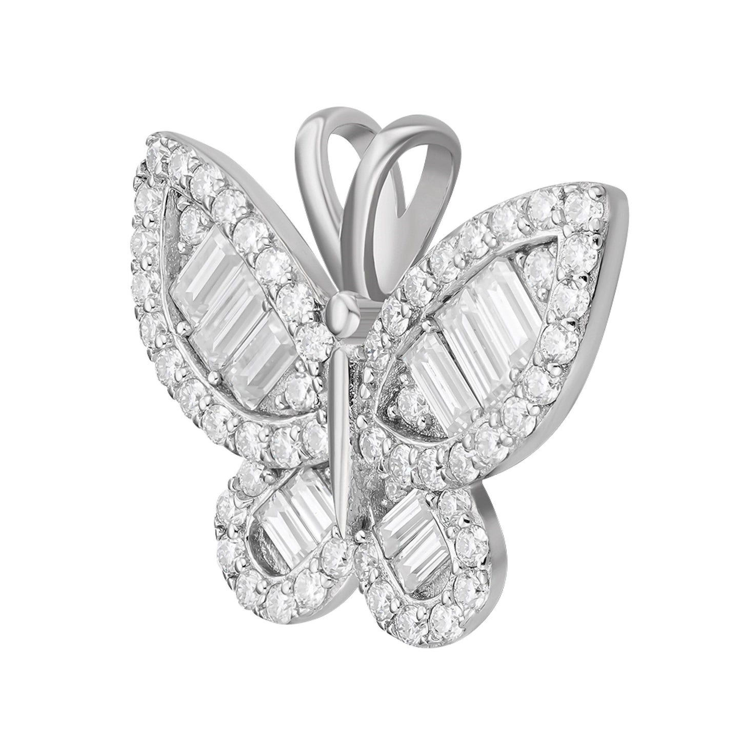 S.Silver Round Baguette Moissanite Butterfly Animal Pendant RP 1-7/8 Cttw
