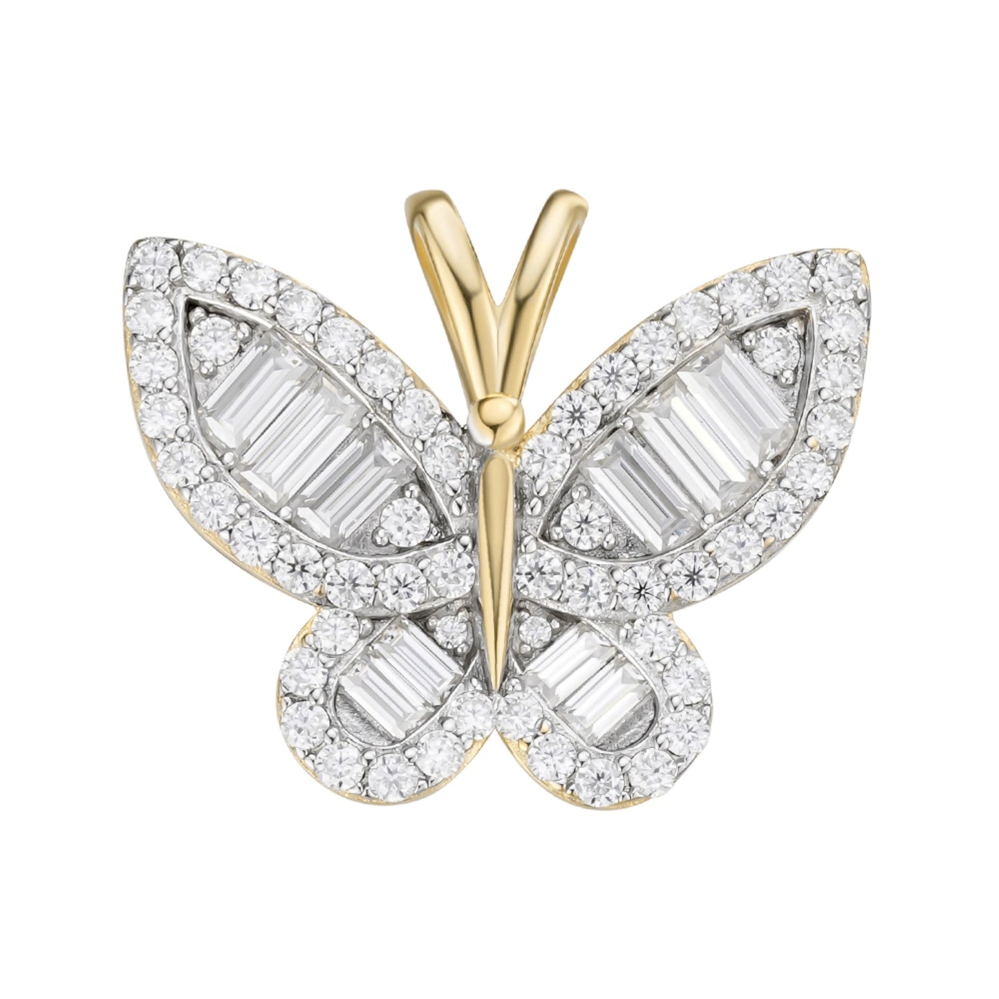 S.Silver Round Baguette Moissanite Butterfly Animal Pendant RP+GP 1-7/8 Cttw