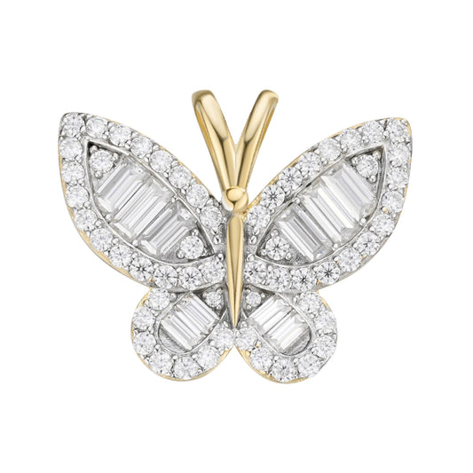 S.Silver Round Baguette Moissanite Butterfly Animal Pendant RP+GP 1-7/8 Cttw