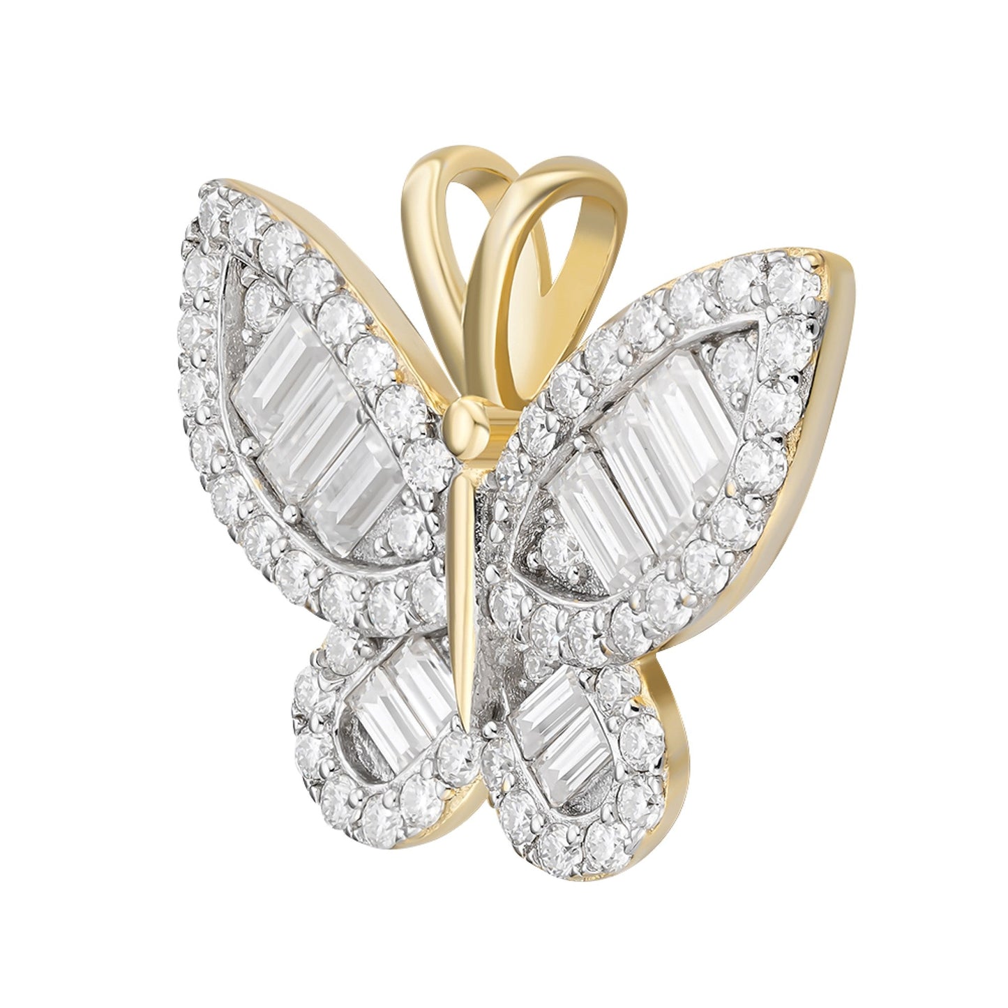 S.Silver Round Baguette Moissanite Butterfly Animal Pendant RP+GP 1-7/8 Cttw