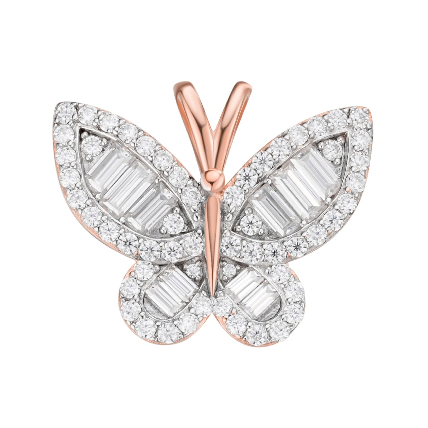 S.Silver Round Baguette Moissanite Butterfly Animal Pendant RP+PP 1-7/8 Cttw