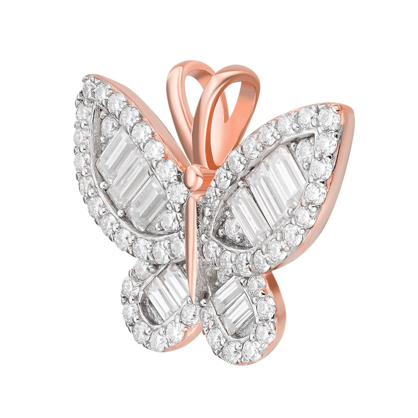 S.Silver Round Baguette Moissanite Butterfly Animal Pendant RP+PP 1-7/8 Cttw