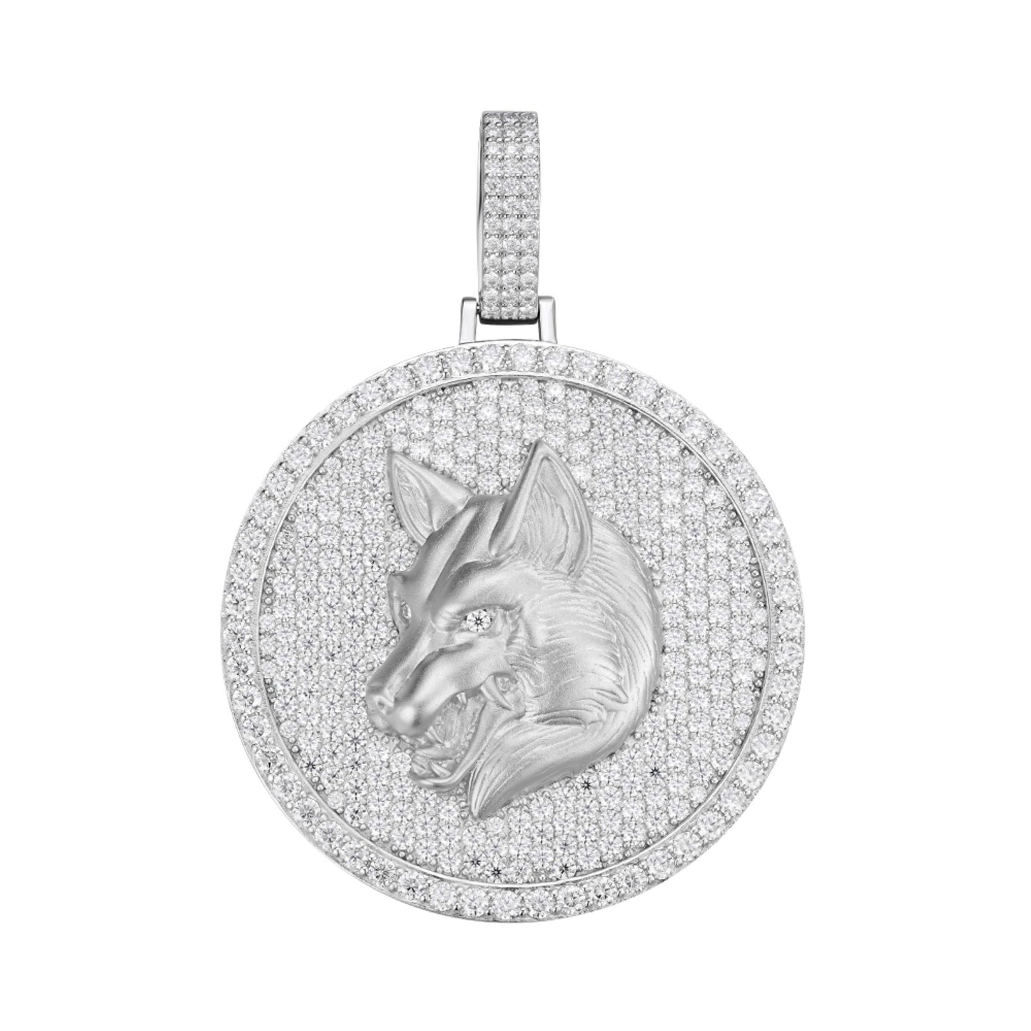 S.Silver Round Moissanite Wolf Animal Pendant RP 10-7/8 Cttw