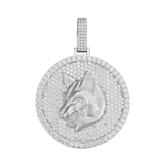 S.Silver Round Moissanite Wolf Animal Pendant RP 10-7/8 Cttw