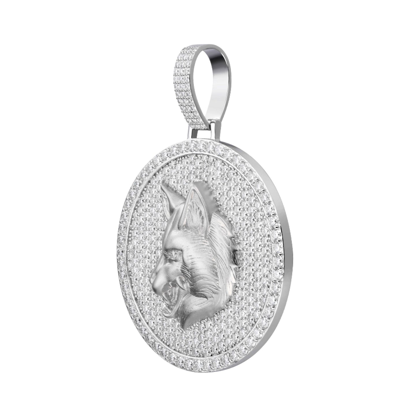 S.Silver Round Moissanite Wolf Animal Pendant RP 10-7/8 Cttw