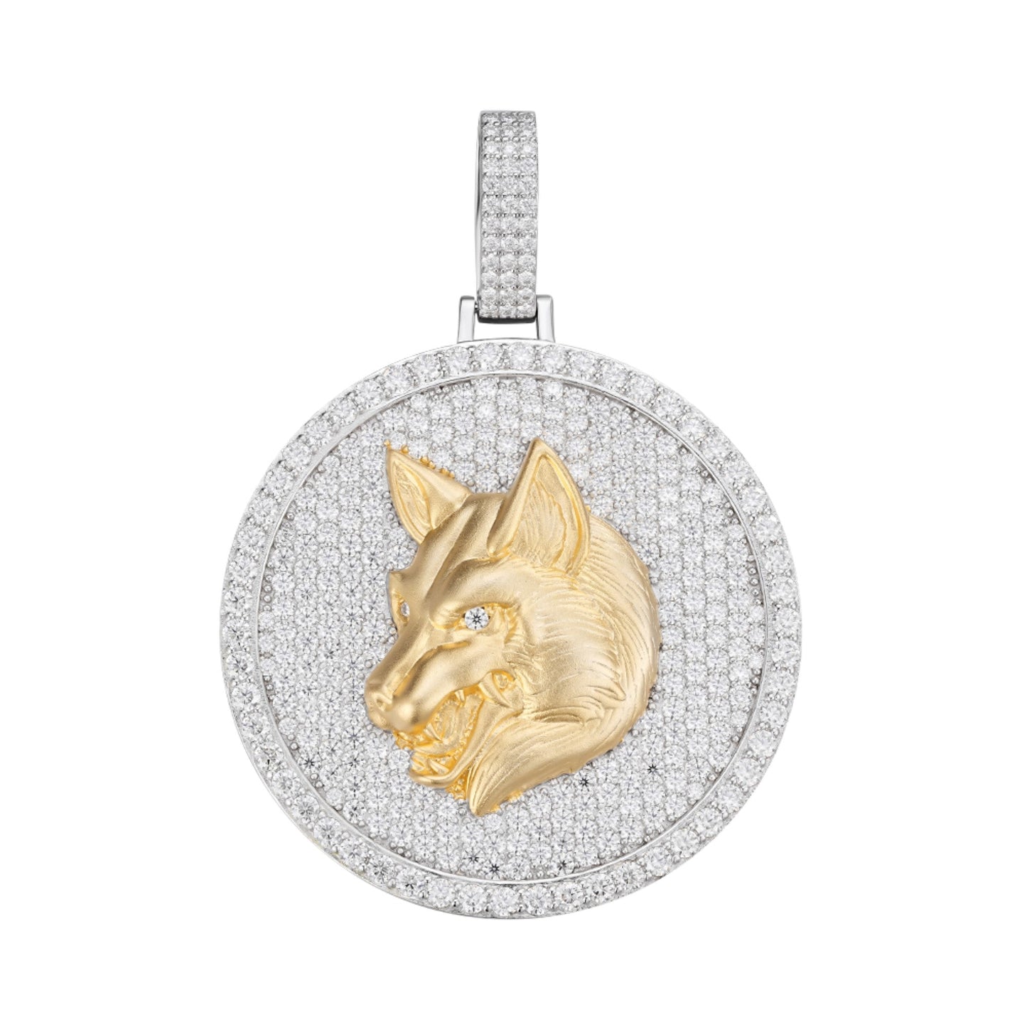 S.Silver Round Moissanite Wolf Animal Pendant RP+GP 10-7/8 Cttw