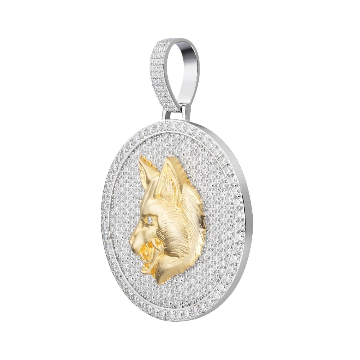 S.Silver Round Moissanite Wolf Animal Pendant RP+GP 10-7/8 Cttw