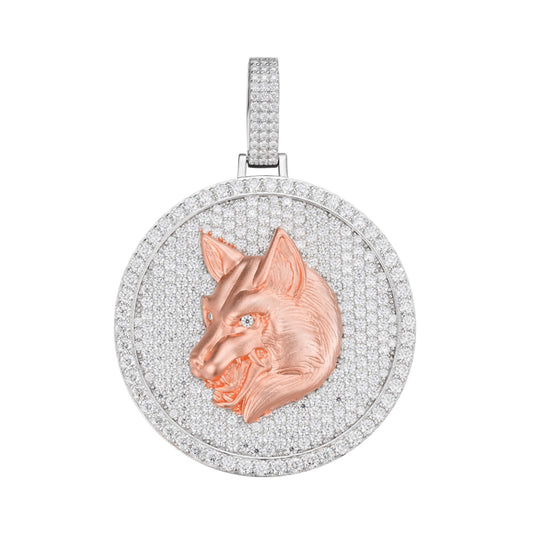 S.Silver Round Moissanite Wolf Animal Pendant RP+PP 10-7/8 Cttw