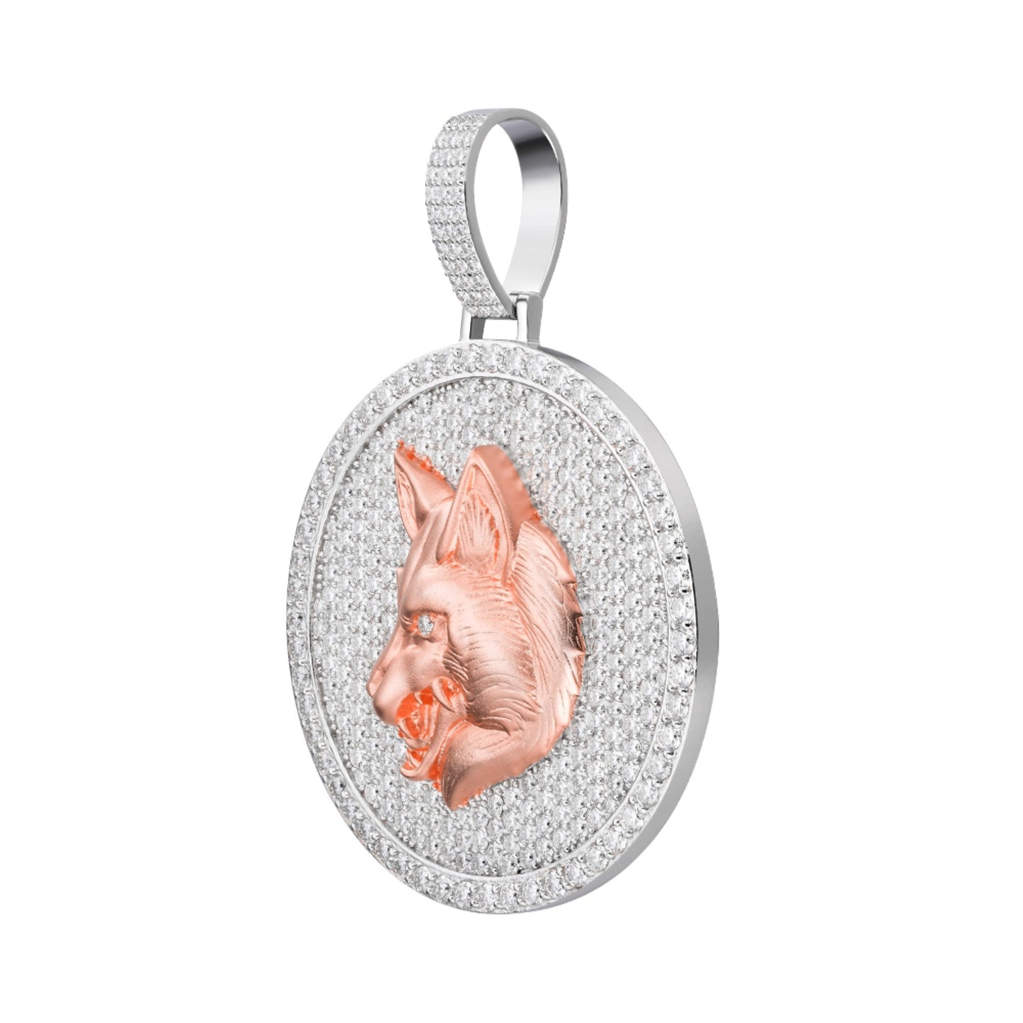 S.Silver Round Moissanite Wolf Animal Pendant RP+PP 10-7/8 Cttw