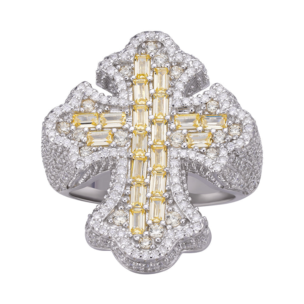 S.Silver Round Moissanite With Golden CZ Mens Cross Religious SZ 10 Ring RP 2-5/8 Cttw