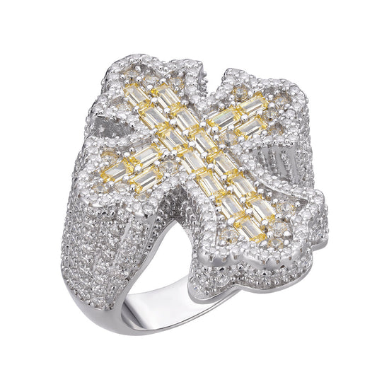 S.Silver Round Moissanite With Golden CZ Mens Cross Religious SZ 10 Ring RP 2-5/8 Cttw