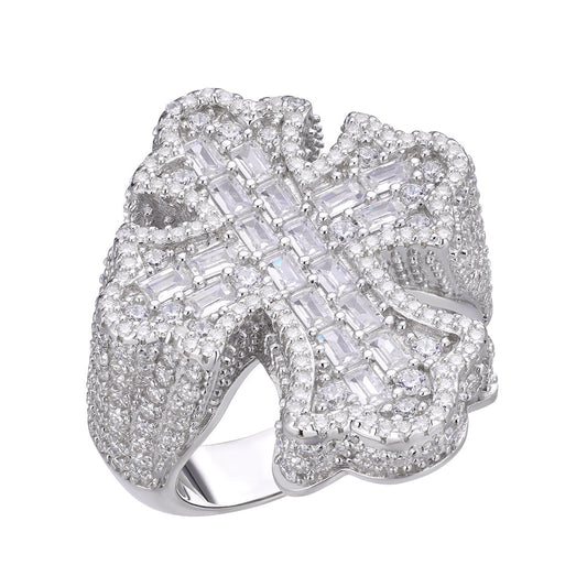 S.Silver Round Moissanite With White CZ Mens Cross Religious SZ 10 Ring RP 2-5/8 Cttw