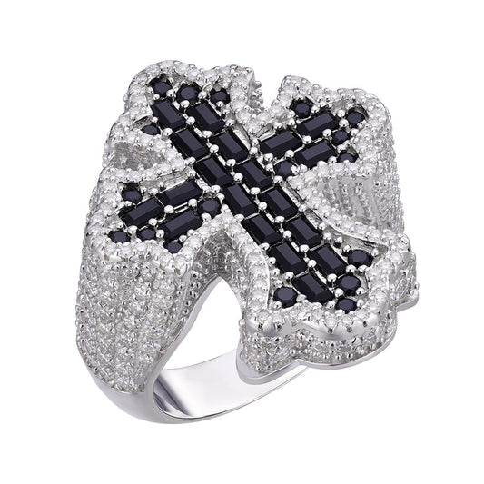 S.Silver Round Moissanite With Black CZ Mens Cross Religious SZ 10 Ring RP 2-5/8 Cttw
