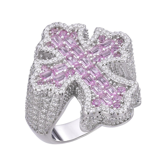 S.Silver Round Moissanite With Rose CZ Mens Cross Religious SZ 10 Ring RP 2-5/8 Cttw