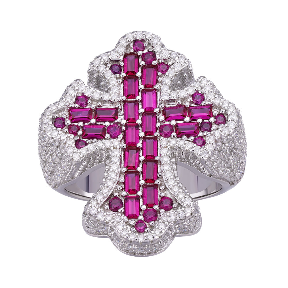 S.Silver Round Moissanite With Red CZ Mens Cross Religious SZ 10 Ring RP 2-5/8 Cttw