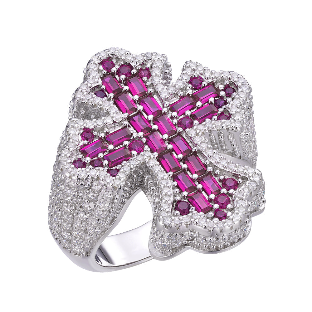 S.Silver Round Moissanite With Red CZ Mens Cross Religious SZ 10 Ring RP 2-5/8 Cttw