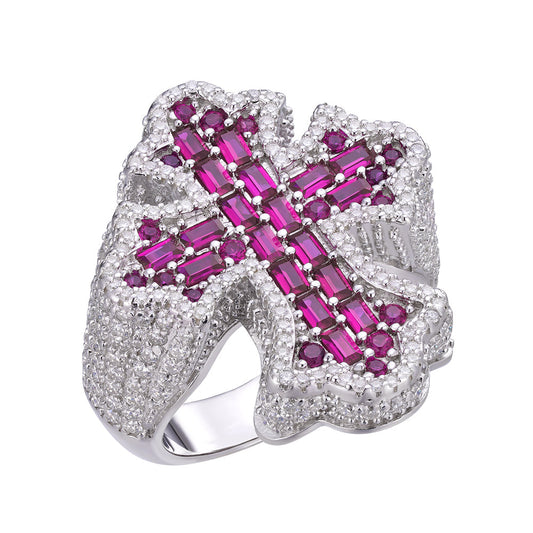 S.Silver Round Moissanite With Red CZ Mens Cross Religious SZ 10 Ring RP 2-5/8 Cttw