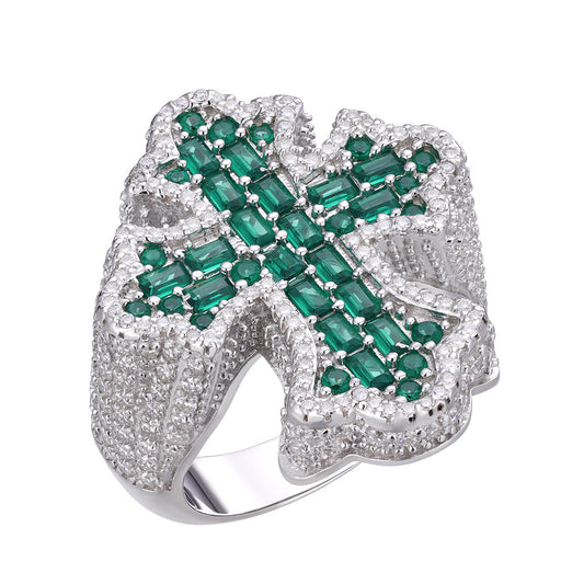 S.Silver Round Moissanite With Emerald CZ Mens Cross Religious SZ 10 Ring RP 2-5/8 Cttw